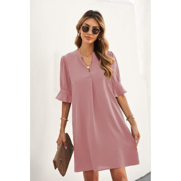 Women Dusty Pink Polyester V-Neck Loose Fit Short Sleeve Knee Length Shift Dress - Picture 2 of 6